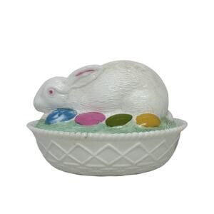Vintage Milk Glass Easter Bunny Rabbit Covered Painted Candy Trinket Dish & Lid